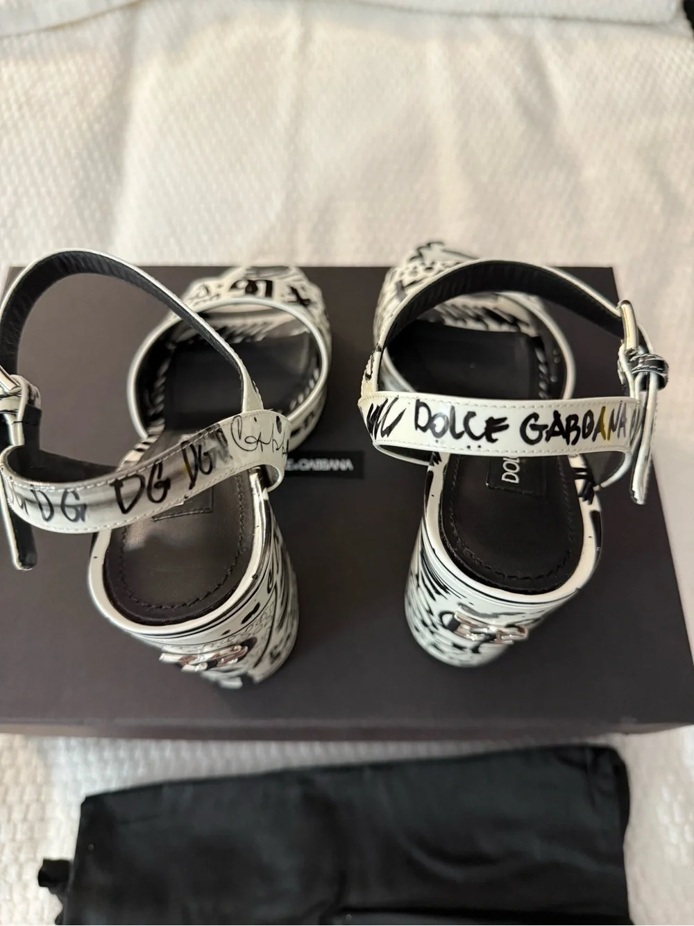 Dolce & Gabbana White and Black Graffiti Block Heel Sandals